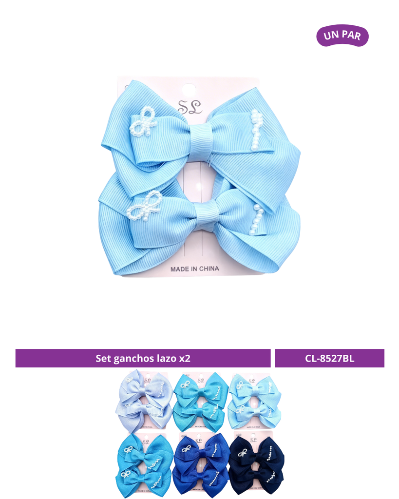 SET GANCHO LAZO PAR COLORES AZUL CON PERLA