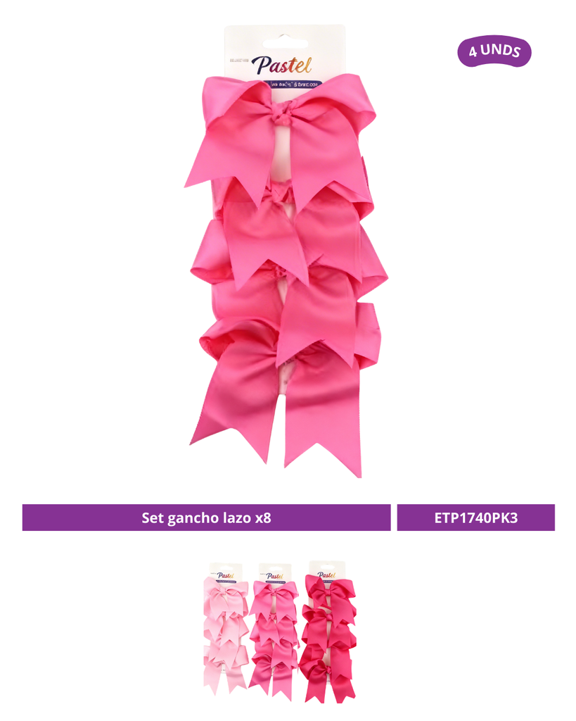 SET GANCHO LAZO COQUETTE 9CM ROSADOS X4