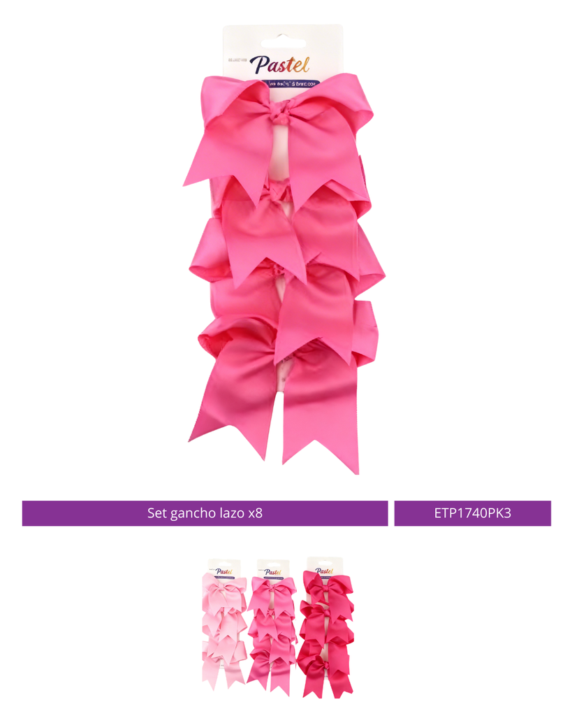 SET GANCHO LAZO COQUETTE 9CM ROSADOS X4