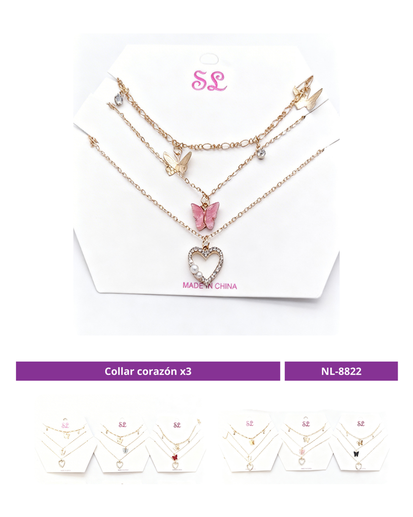 COLLAR CORAZON MARIPOSA X3