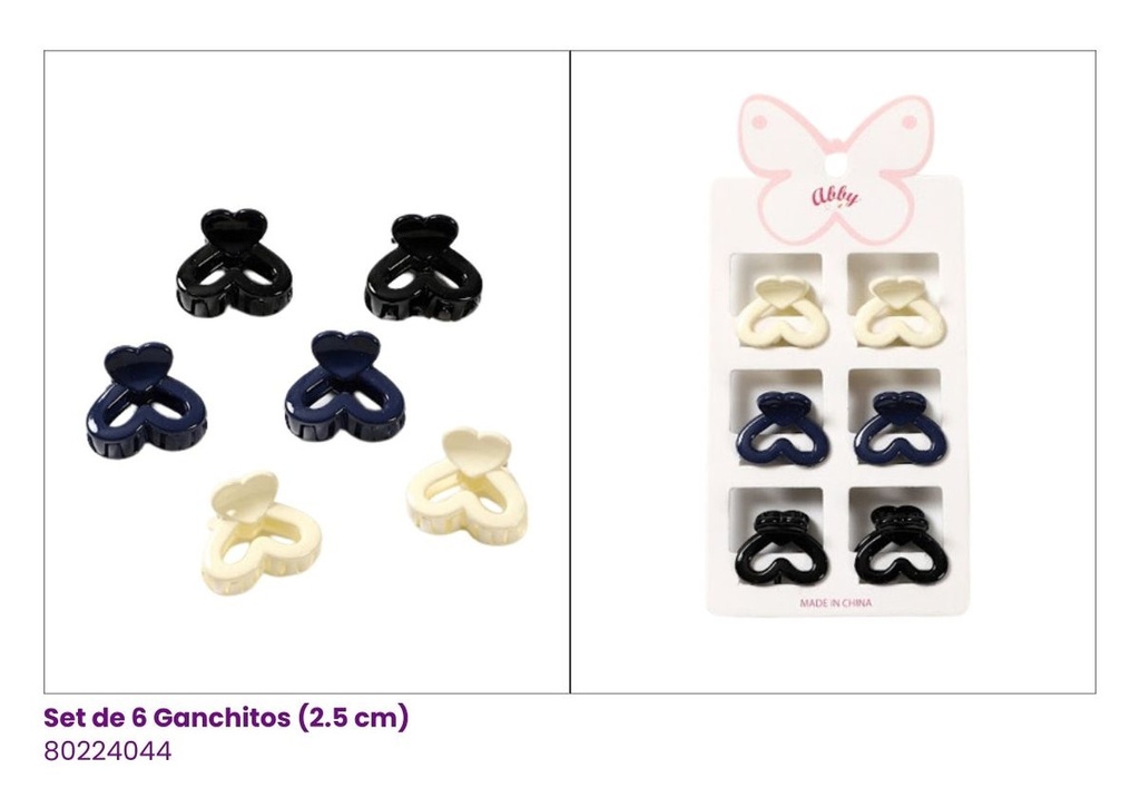 GANCHETAS MINI ACRILICAS SET DE 6 CORAZON