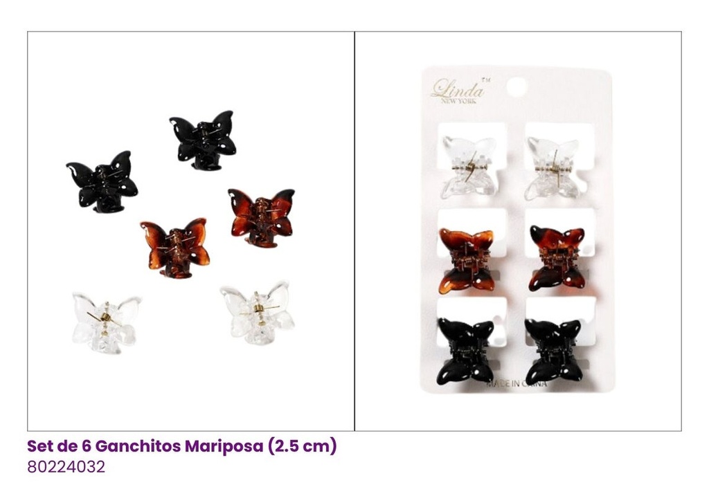 GANCHETAS ACRILICAS MINI SET DE 6 MARIPOSA