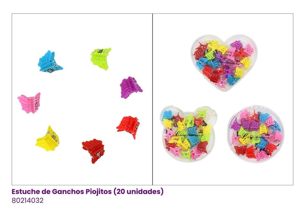 GANCHOS PIOJITOS EN ESTUCHE MARIPOSA NEON