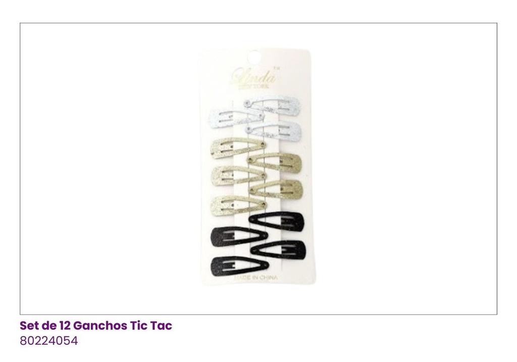 GANCHOS TIC TAC ESCARCHADO SET DE 12