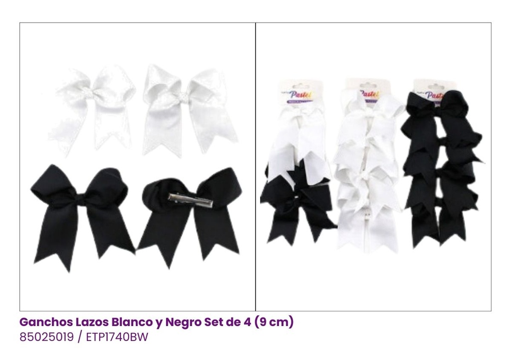 GANCHOS LAZOS COQUETTE SET DE 4 BLANCO Y NEGRO