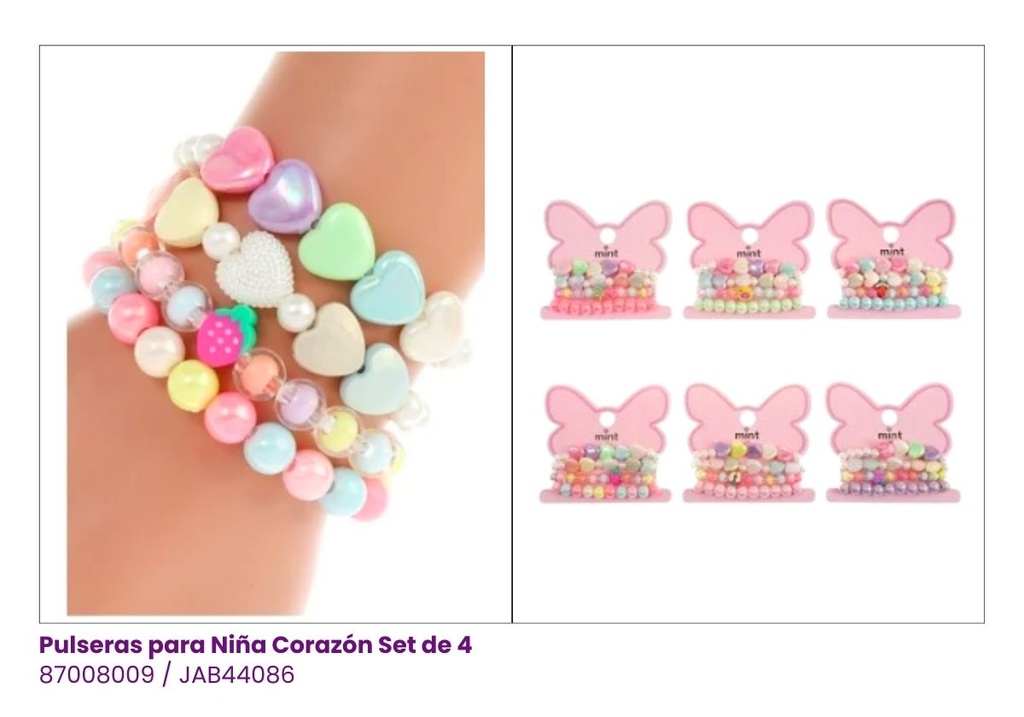 PULSERAS DE NIÑAS SET DE 4 CORAZON