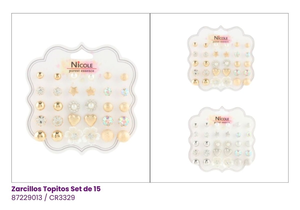 ZARCILLOS TOPITOS SET DE 15 PARES FLOR