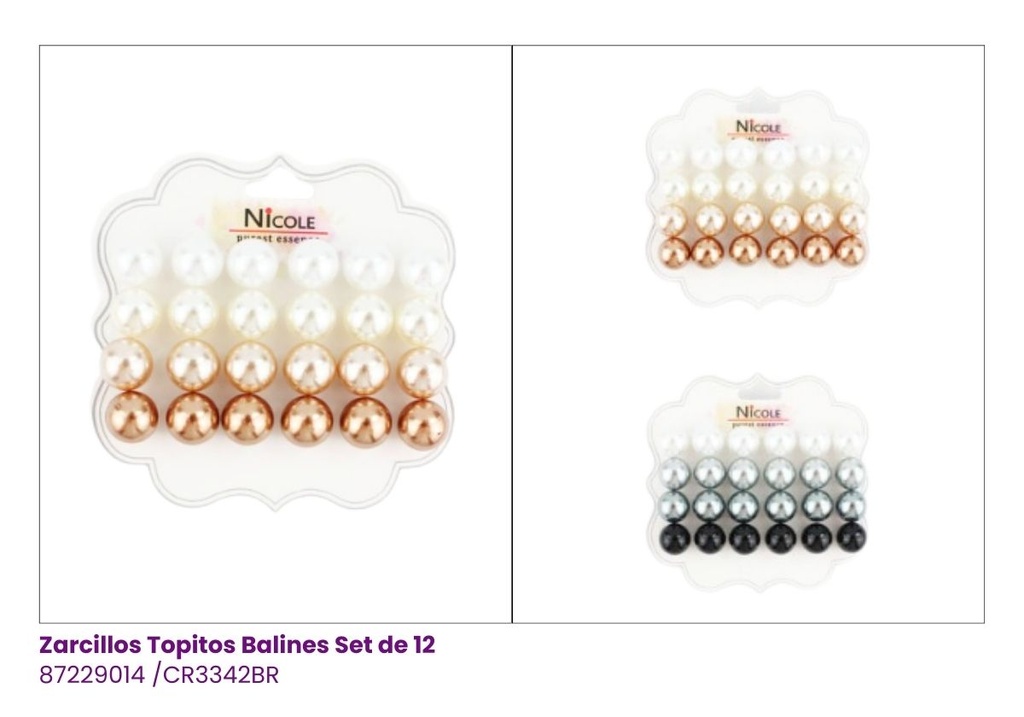 ZARCILLOS TOPITOS PERLAS SATINADAS SET DE 12