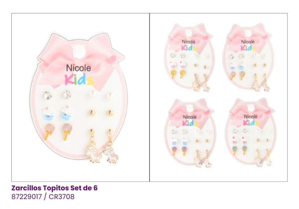 ZARCILLOS TOPITOS NIÑA SET DE 6 UNICORNIO
