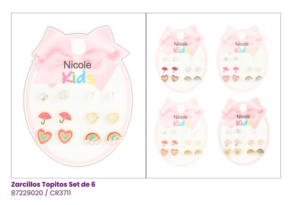ZARCILLOS TOPITOS NIÑA SET 6 ARCOIRIS