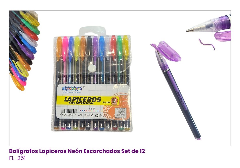 BOLIGRAFOS LAPICEROS NEON CON ESCARCHA SET DE 12