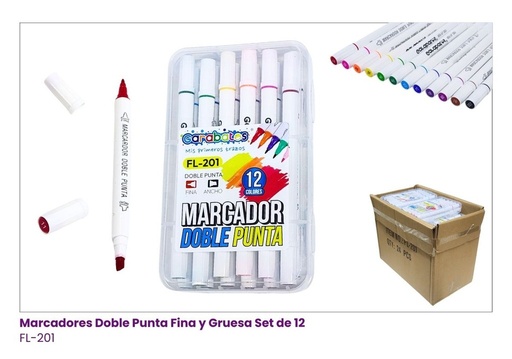 [FL-201] MARCADORES DOBLE PUNTA DELGADA/GRUESA CAJITA *12PCS