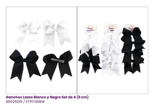 [ETP1740BW] GANCHOS LAZOS COQUETTE SET DE 4 BLANCO Y NEGRO
