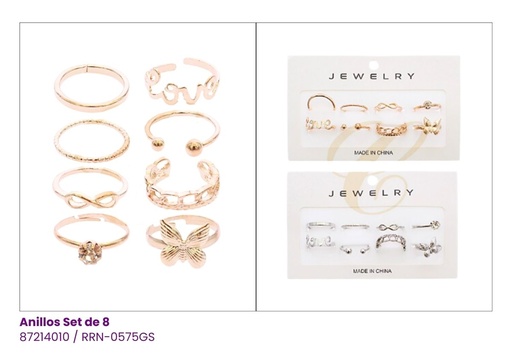 [RRN-0575GS] ANILLOS SET DE 8  MARIPOSA