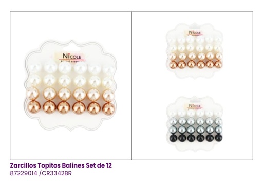 [CR3342BR] ZARCILLOS TOPITOS PERLAS SATINADAS SET DE 12