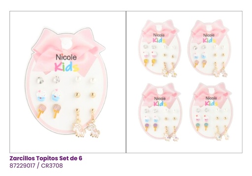 [CR3708] ZARCILLOS TOPITOS NIÑA SET DE 6 UNICORNIO