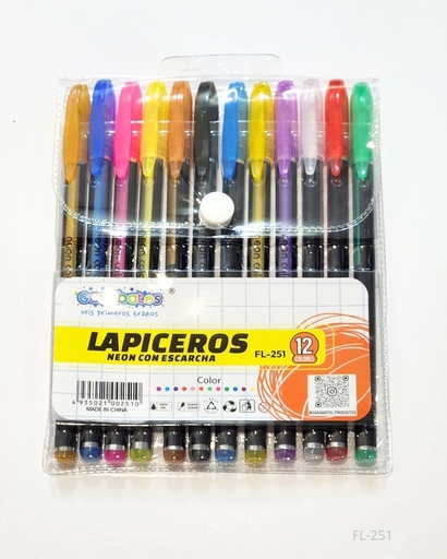 [FL-251] BOLIGRAFOS LAPICEROS NEON CON ESCARCHA SET DE 12