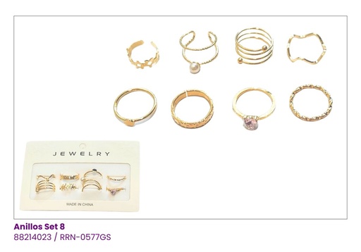 [RRN-0577GS] ANILLOS CORAZON SET DE 8